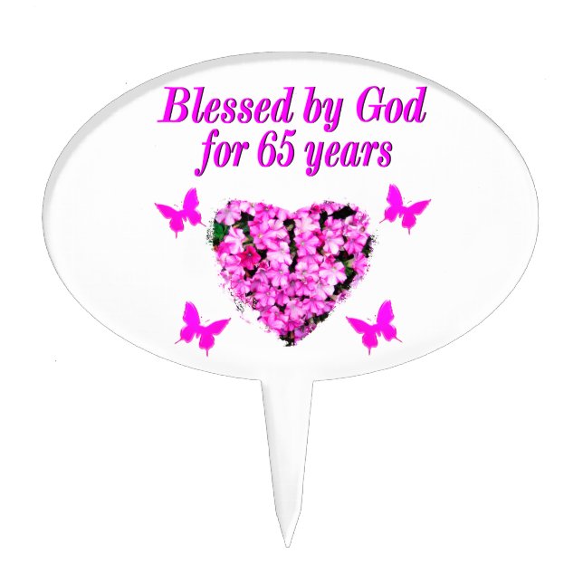 PRETTY PINK FLORAL 65TH BIRTHDAY DESIGN CAKE TOPPER (Front)