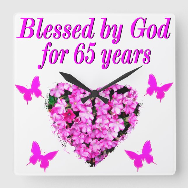 PRETTY PINK FLORAL 65TH BIRTHDAY DESIGN SQUARE WALL CLOCK (Front)