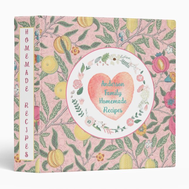 Pretty Pink Floral and Fruit Recipe Keeper 3 Ring Binder (Front/Spine)