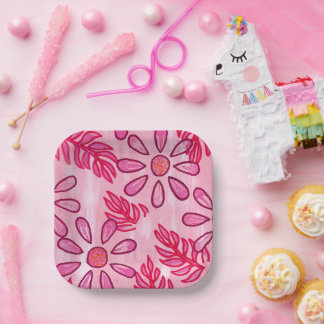 Pretty Pink Floral and Leaves Paper Plates
