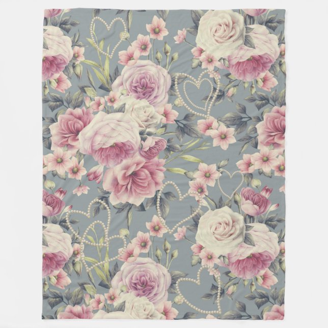 Pretty Pink Floral and Pearl Hearts Pattern Fleece Blanket (Front)