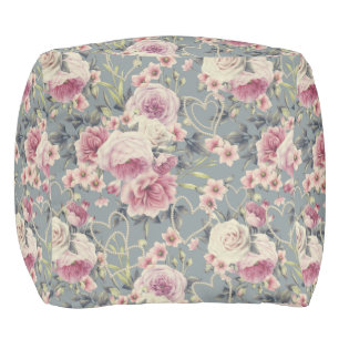Pretty Pink Floral and Pearl Hearts Pattern Pouf