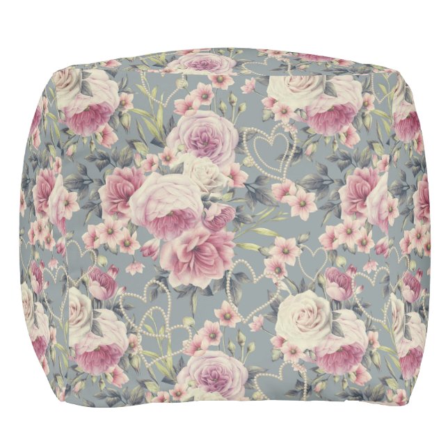 Pretty Pink Floral and Pearl Hearts Pattern Pouf (Front)