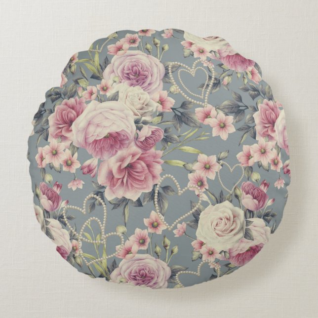 Pretty Pink Floral and Pearl Hearts Pattern Round Pillow (Front)