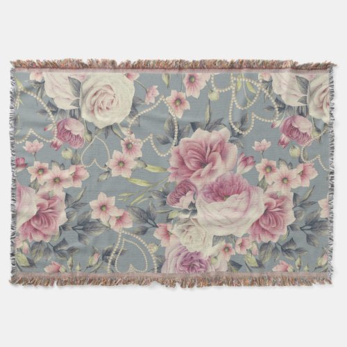 Pretty Pink Floral and Pearl Hearts Pattern Throw Blanket