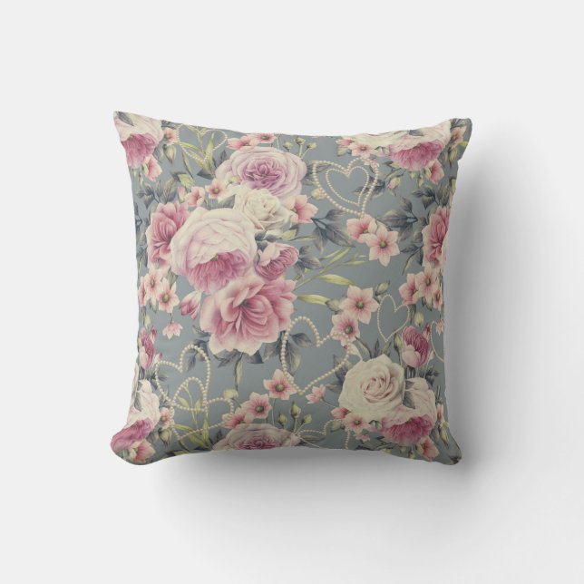 Pretty Pink Floral and Pearl Hearts Pattern Throw Pillow (Front)