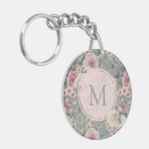 Pretty Pink Floral and Pearls Girly Monogram Keychain