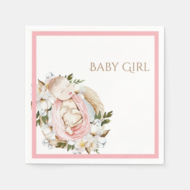 Pretty Pink Floral Baby Girl Baby Shower Napkins (Front)