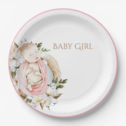 Pretty Pink Floral Baby Girl Baby Shower Paper Plates