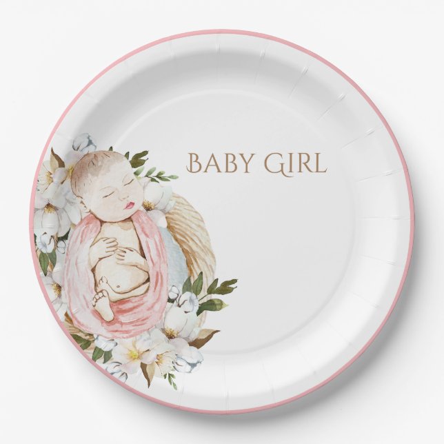 Pretty Pink Floral Baby Girl Baby Shower Paper Plates (Front)