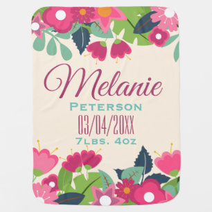 Pretty Pink Floral Baby Girl Birth Stats & Name Blanket