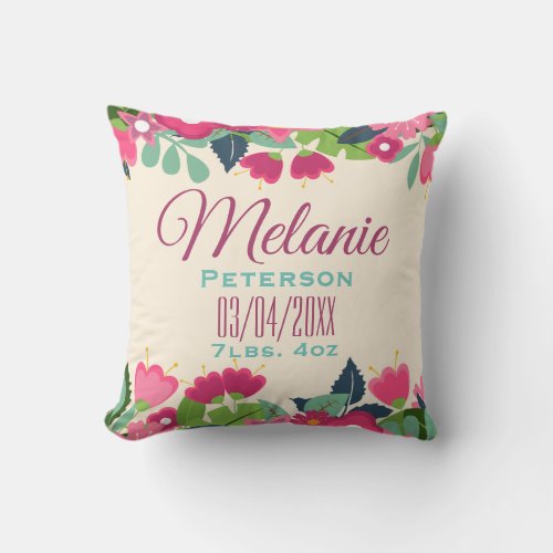 Pretty Pink Floral Baby Girl Birth Stats  Name Throw Pillow