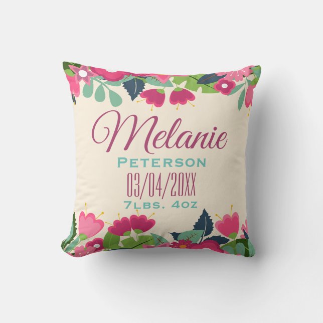 Pretty Pink Floral Baby Girl Birth Stats & Name Throw Pillow (Front)
