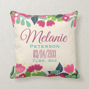 Pretty Pink Floral Baby Girl Birth Stats & Name Throw Pillow