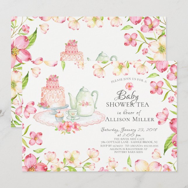 Pretty Pink Floral Baby Tea Party Invitation (Front/Back)