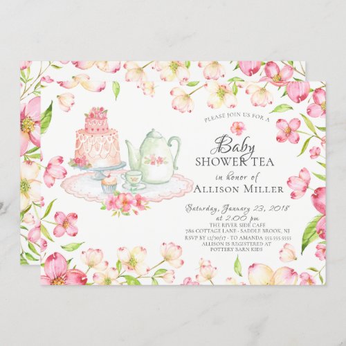 Pretty Pink Floral Baby Tea Party Invitation