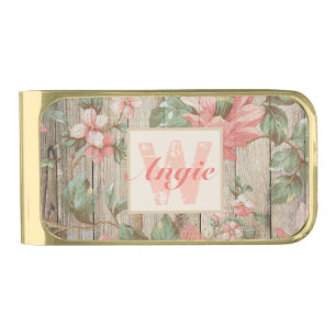 Pretty Pink Floral Barn Wood Monogram Gold Finish Money Clip
