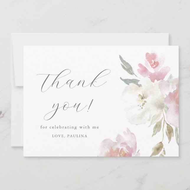 Pretty Pink Floral Birthday Quinceañera Thank You  Invitation (Front)