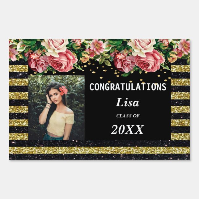 Pretty Pink Floral Black Gold Stripes Graduation Sign (Front)