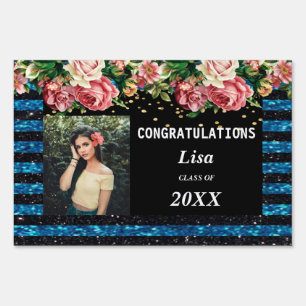 Pretty Pink Floral Blue Black Stripes Graduation Sign