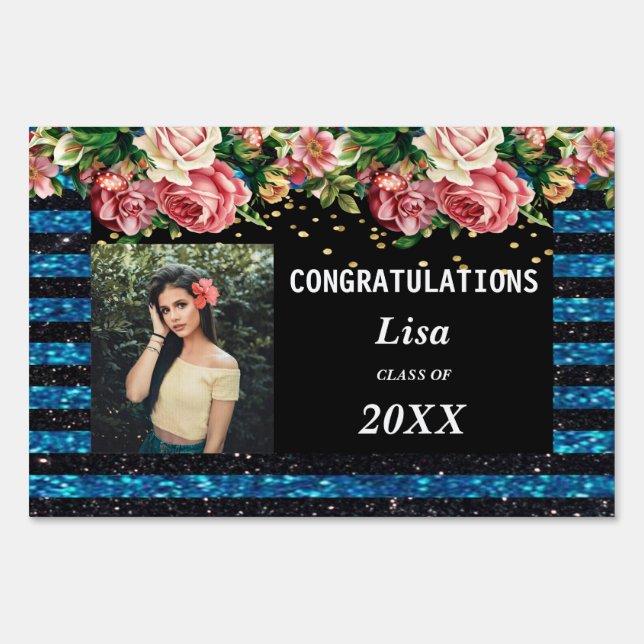 Pretty Pink Floral Blue Black Stripes Graduation Sign (Front)