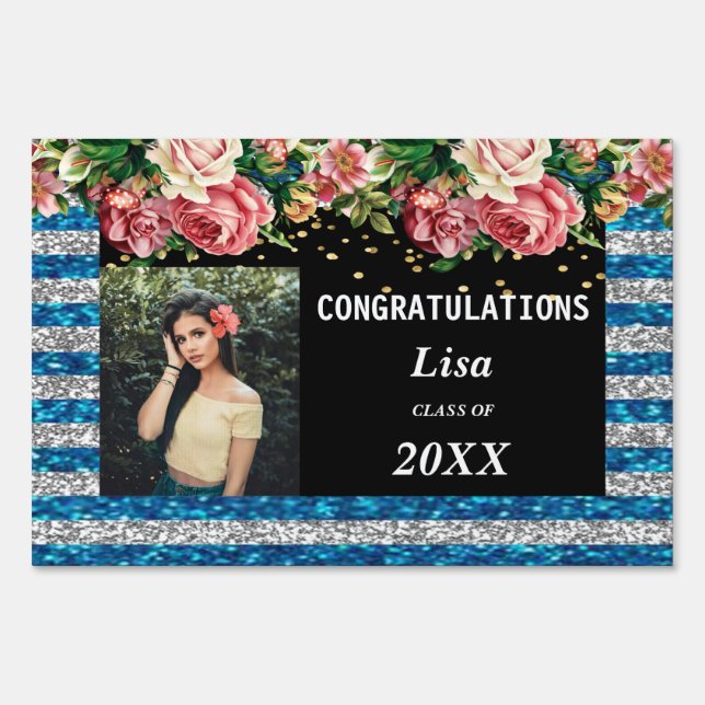 Pretty Pink Floral Blue Silver Stripes Graduation Sign (Front)
