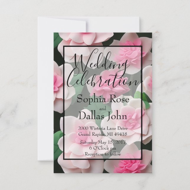 Pretty pink floral boho greenery pattern invitation (Front)