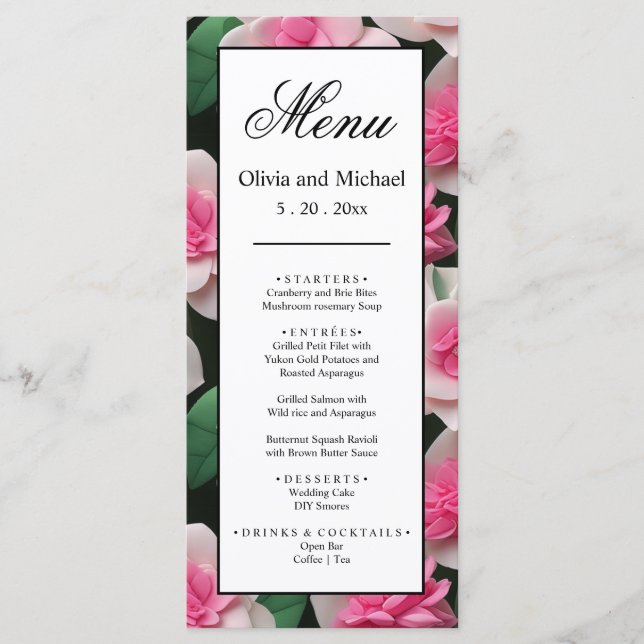 Pretty pink floral boho greenery pattern menu (Front)