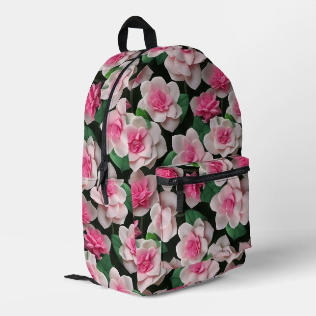 Pretty pink floral boho greenery pattern printed backpack (Back Corner Left)