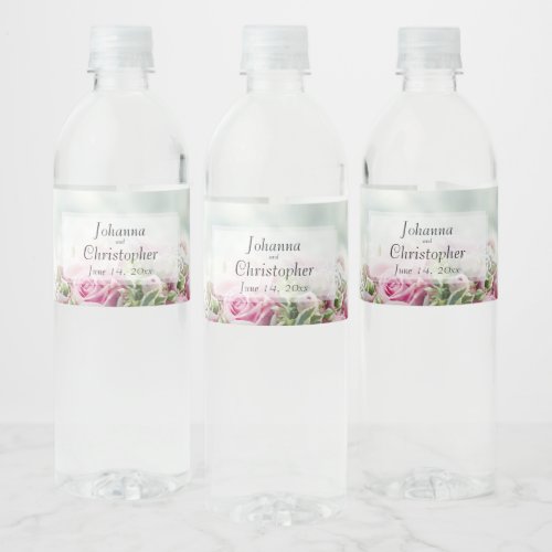 Pretty Pink Floral Bouquet on Pale Teal Wedding Water Bottle Label