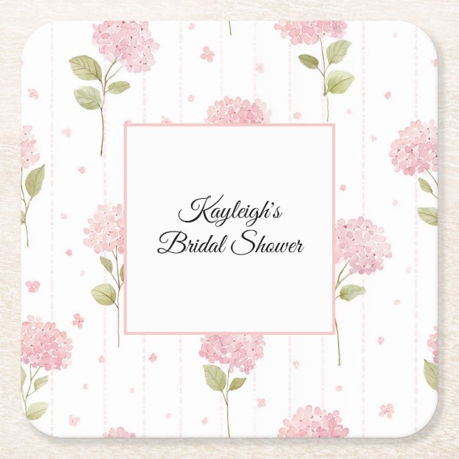 Pretty Pink Floral Bridal Shower Square Paper Coaster (Front)