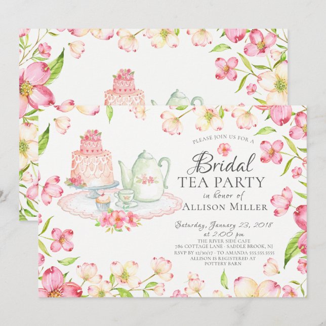 Pretty Pink Floral Bridal Tea Party Invitation (Front/Back)