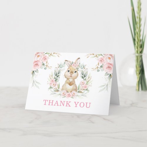 Pretty Pink Floral Bunny Rabbit Baby Girl Folded Thank You Card