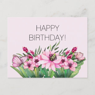 Pretty Pink Floral Butterfly Birthday Postcard