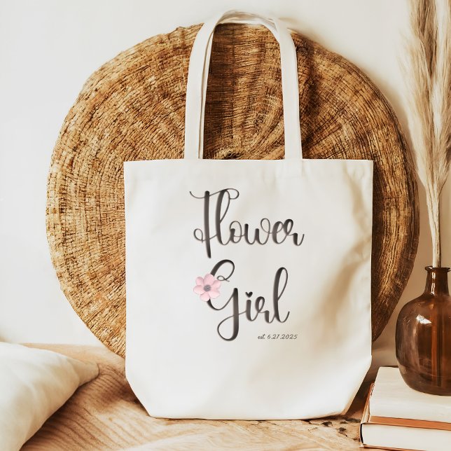 Pretty Pink Floral Caligraphy Flower Girl Tote Bag (Creator Uploaded)