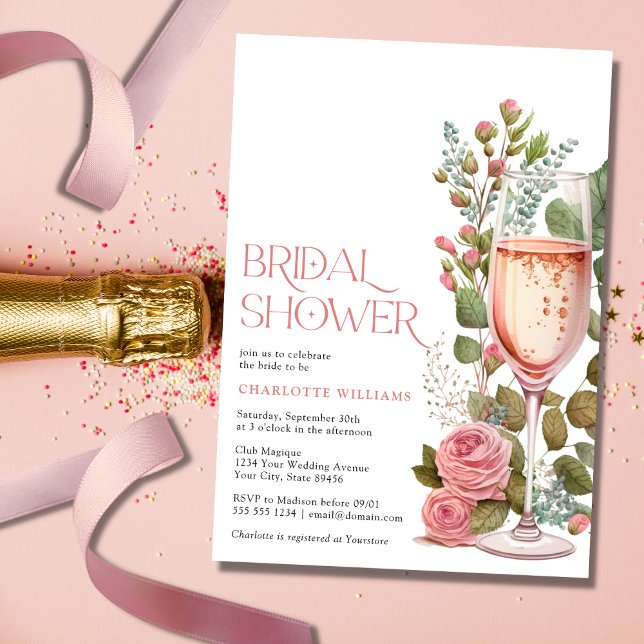 Pretty Pink Floral Champagne Glass Bridal Shower Invitation (Creator Uploaded)