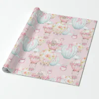 Girl Baby Shower Hot Air Balloons Florals Wrapping Paper Sheets, Zazzle