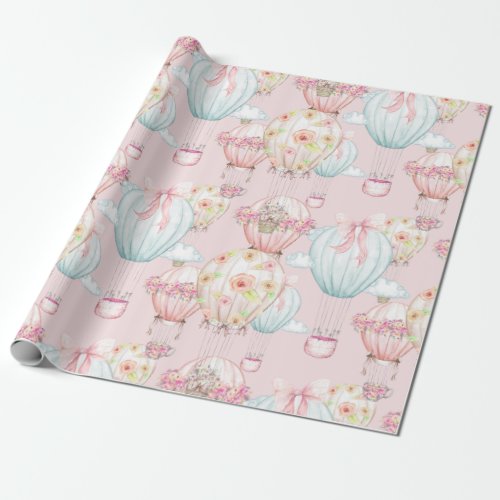 Pretty Pink Floral Chic Hot Air Balloons Wrapping Paper