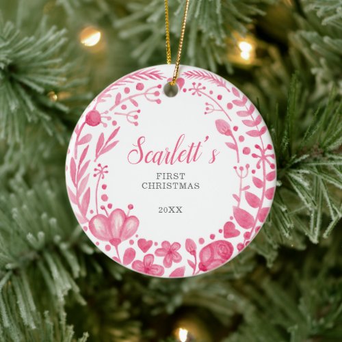 Pretty Pink Floral Custom Babys First Christmas Ceramic Ornament