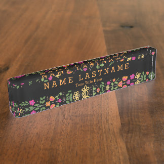 Pretty Pink Floral Custom Black Desk Nameplate