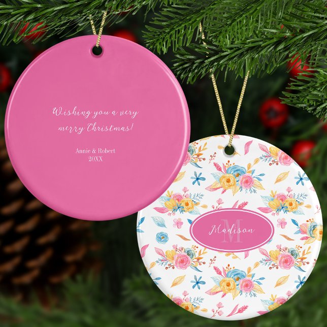 Pretty Pink Floral Custom Greeting Christmas Tree Ceramic Ornament (Creator Uploaded)