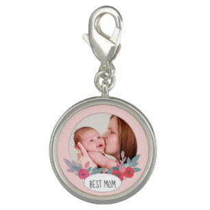 Pretty Pink Floral Custom Photo Best Mom Charm