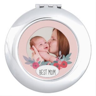 Pretty Pink Floral Custom Photo Best Mom Compact Mirror