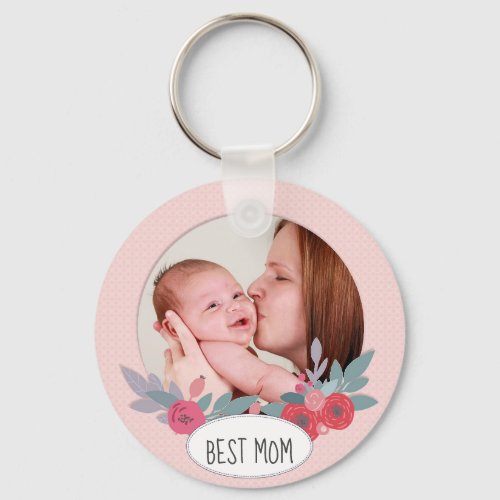 Pretty Pink Floral Custom Photo Best Mom Keychain