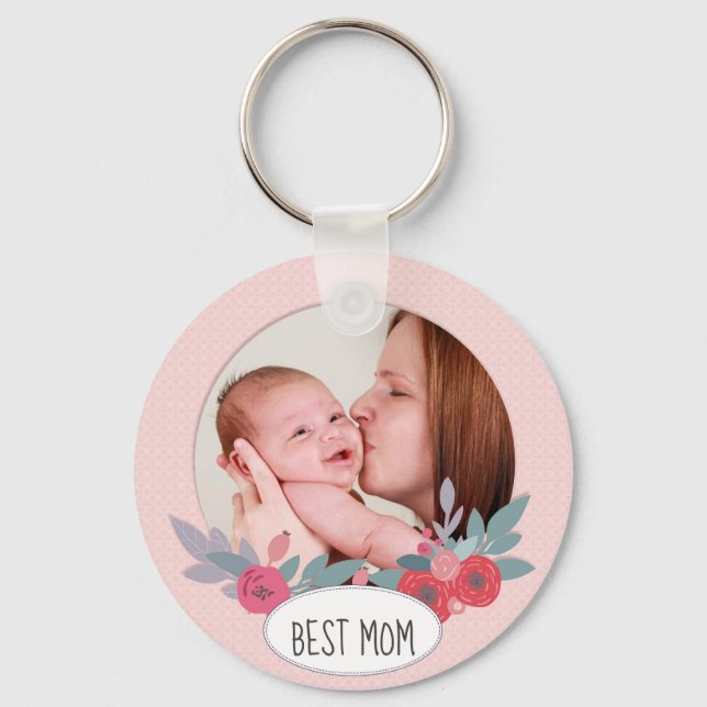 Pretty Pink Floral Custom Photo Best Mom Keychain (Front)