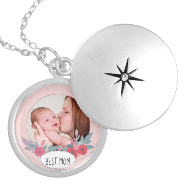 Pretty Pink Floral Custom Photo Best Mom Locket Necklace (Front)