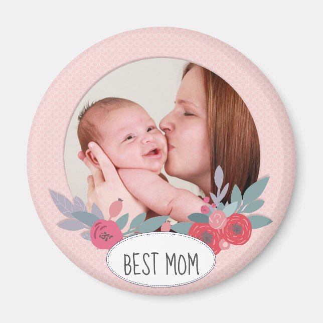 Pretty Pink Floral Custom Photo Best Mom Magnet (Front)