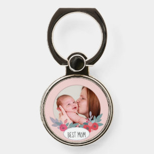 Pretty Pink Floral Custom Photo Best Mom Phone Ring Stand