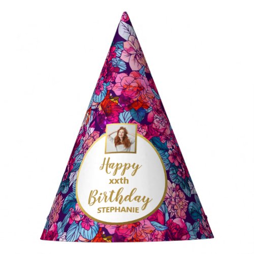 Pretty Pink Floral Custom Photo Happy Birthday Party Hat