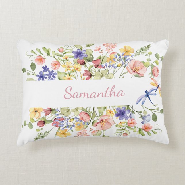 Pretty Pink Floral Dragonfly Name Accent Pillow (Front)